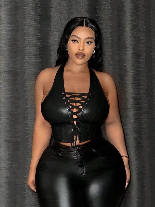 Sexy Leather Crop Top for Women with Hanging Neck Strap Hollow out Belted Waist Tight Strap Vest Large Size European Style