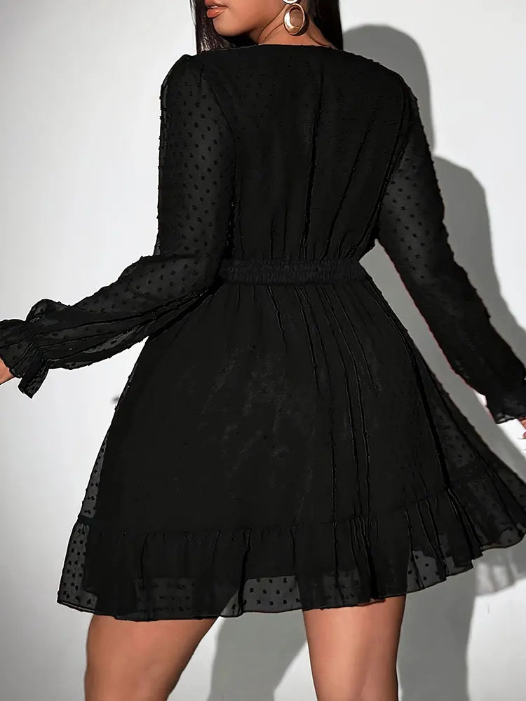 New Sexy V-Neck Short Dress Plus Size Solid Polka Dot Long-Sleeve American Slim A-Line Skirt Elegant Party Women's Evening Dress