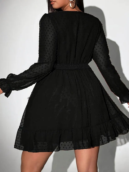 New Sexy V-Neck Short Dress Plus Size Solid Polka Dot Long-Sleeve American Slim A-Line Skirt Elegant Party Women's Evening Dress