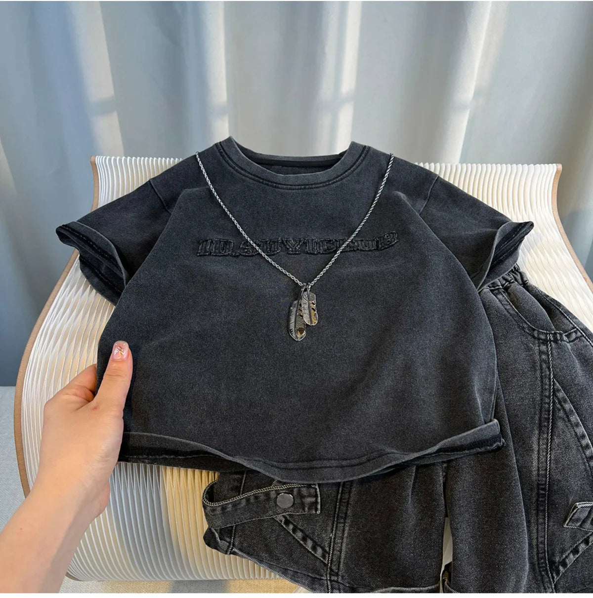 Set Kid Boy 2025 Summer New Style Cotton Letter Embroidered T-shirt Black Jeans Fashion Streetwear Daily Sporty Korean