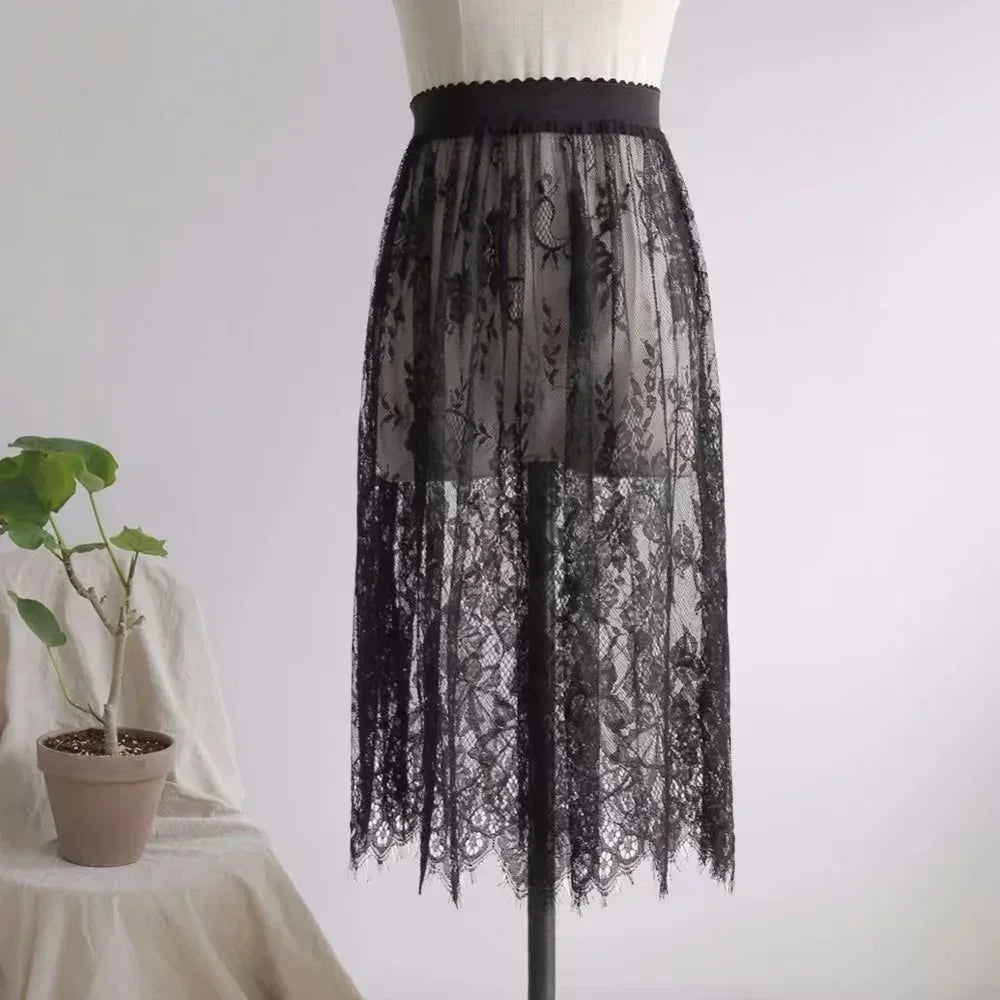 Transparent Sexy Lace Mesh Skirt Elastic High Waist Black White Tulle Mini Skirts Womens Skirt Korean Fashion Women's Skirt