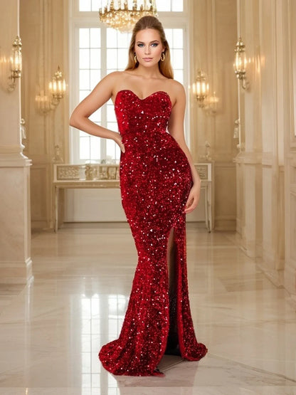 Red Sequin Strapless Cocktail Prom Dresses Stretch Velvet Sexy Slit Leg Paded Backless Mermaid Formal Evening Dress 2025
