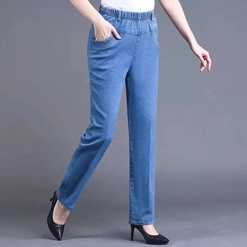 Women's Jeans Embroidered Pockets Elastic waist Mom Pants
