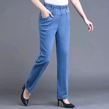 Women's Jeans Embroidered Pockets Elastic waist Mom Pants