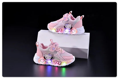 Kids'Casual Shoes Girls Led Light Cartoon PU Leather Fashion Sport Flat Bottom Shoes Breathable White Pink Size 21-30