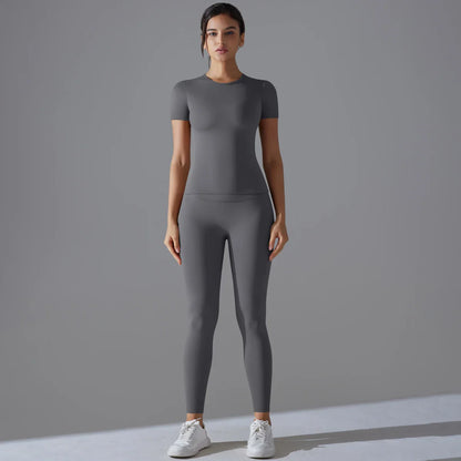 Yoga Set Women Workout Set Sportswear Gym Clothing Fitness Shorts Sleeve Crop Top High Waist Leggings Sports Suits