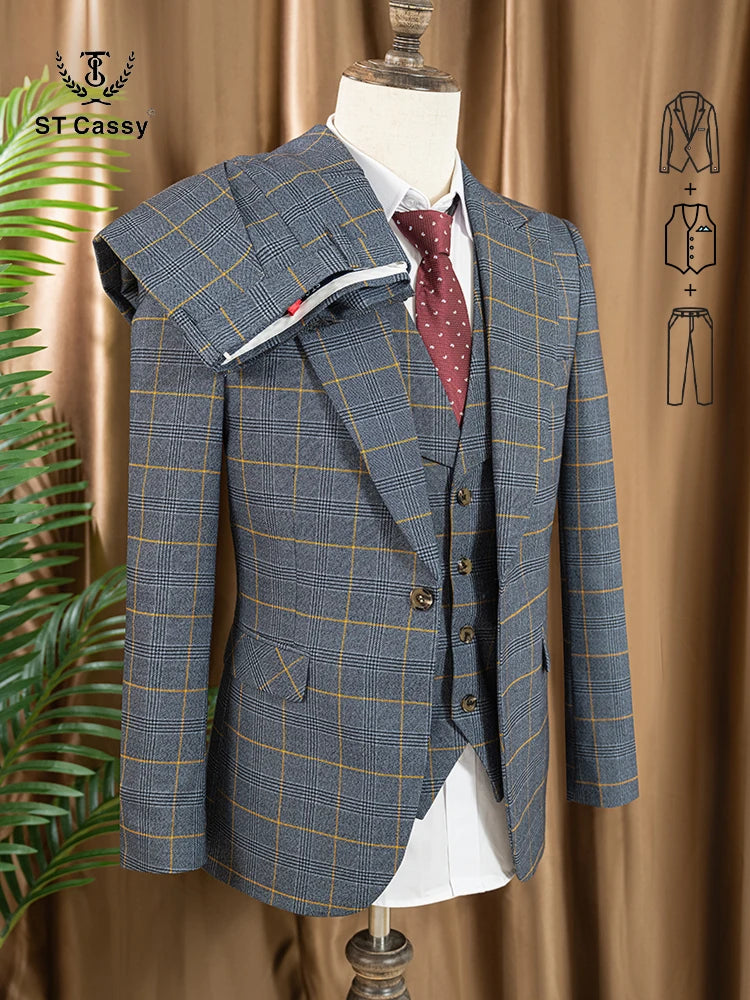 Dark blue 3 Piece Checkered Suit Set  Stylish Business Office Wedding Formal Outfit Elegant full man suit