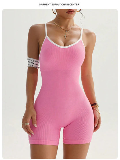 Summer Seamless Yoga Jumpsuit Women Gym Set Spaghetti Strap Leisure Workout Gym Shorts Padded Bra One-piece Fitness Bodysuits