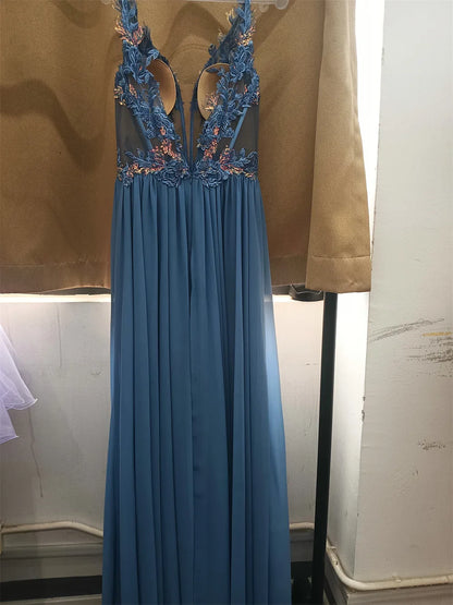 Real Photos Delicate Multi Color Prom Dress V Neck Beaded Appliques Illusion Spaghetti Strap Evening Gowns Lightning Delivery