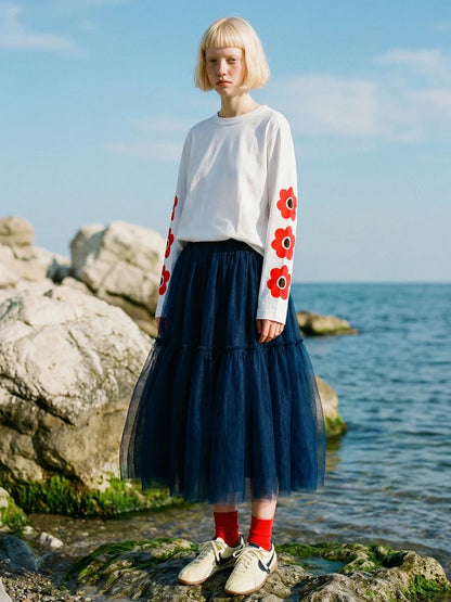 2026 Spring High Waist A-line Puff Half length Skirt Versatile Mid length Retro Blues Mesh Skirt 265398