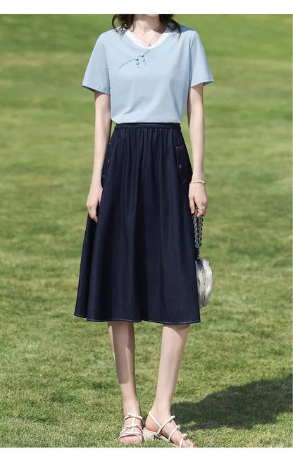 Dark Blue Denim Midi Skirt for Women 2026 Spring Elastic Waist Skirts Casual A-Line Skirt with Pockets 2261026207