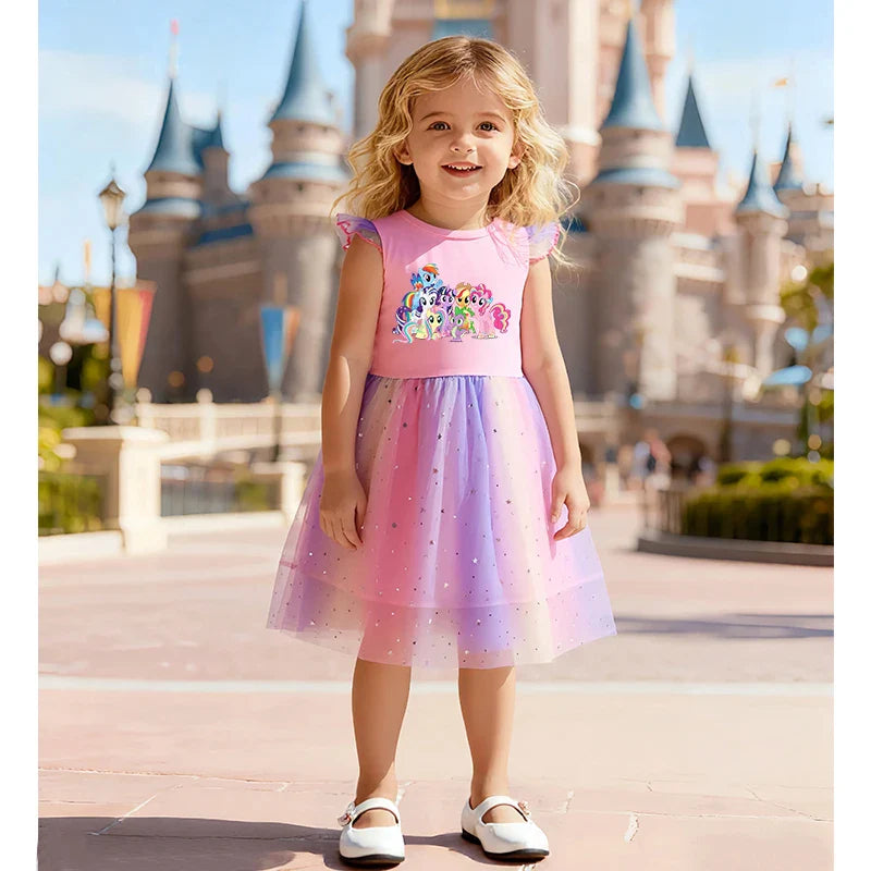 My Little Ponys Baby Girls Dress Children Cartoon Mesh Star Sequins Princess Dress Kids Flying Sleeve Skirt For Birthday Gift