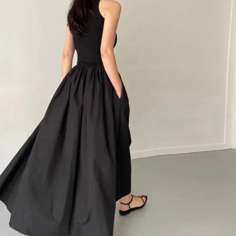 Simple Elegant Black Long Dresses For Women Round Neck Sleeveless High Waist Temperament Female Fashion Style Dress