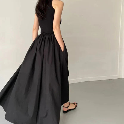 Simple Elegant Black Long Dresses For Women Round Neck Sleeveless High Waist Temperament Female Fashion Style Dress