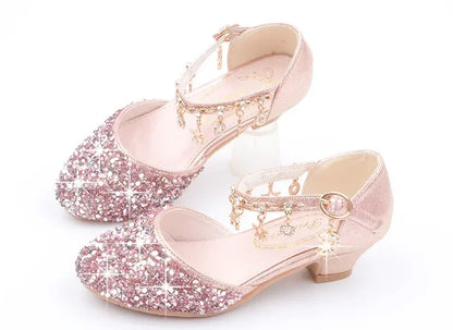 Fashion Kid Leather Shoe 2023 Summer Sequin Princess Shoe Crystal High Heel Sandals Kid Shoes Girl Dresses Mary Jane Girl Shoes