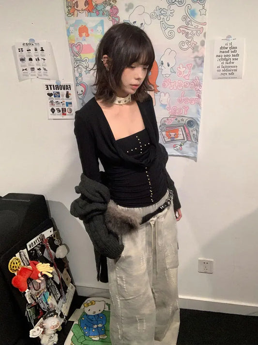 Y2k Japanese T Shirt Women Black Rivet Punk Tops Swing Collar Streetwear Two Pieces Tops American Retro 90s Tshirts