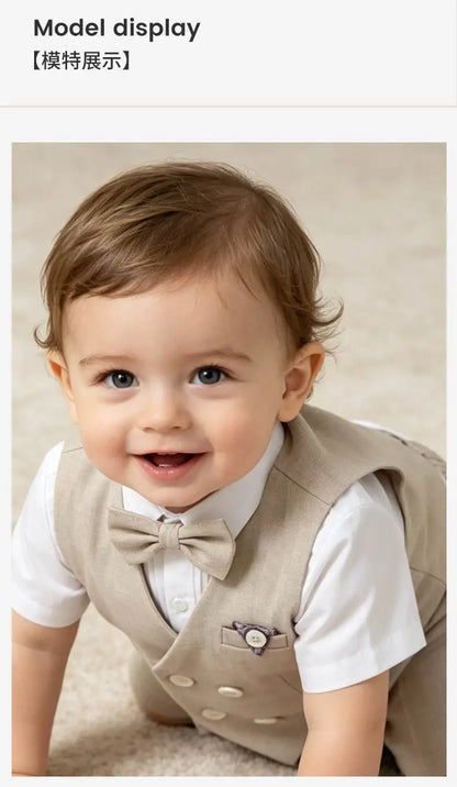 Summer Kids Boy Linen Suit Set Double Breasted Vest Shorts Bowtie for Ring Bearer Flower Boys Toddler Gentleman Outfit Clothes