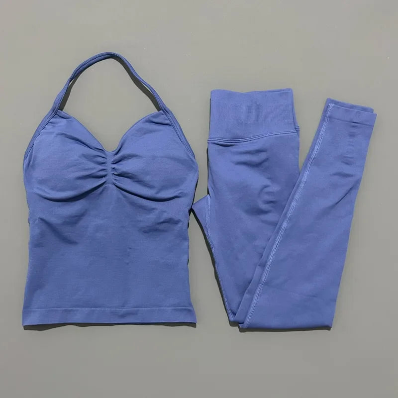 2Piece Sports Gym Set Women Longline Strappy Top Fitness Clothes Seamless Yoga Set Running Workout Sports Leggings Sets