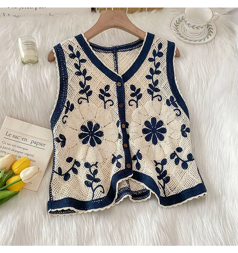 Floral Crochet Vest for Women Openwork Button Front Sleeveless Jacket Waistcoat Bohemian Summer Beach Vacation Outfit