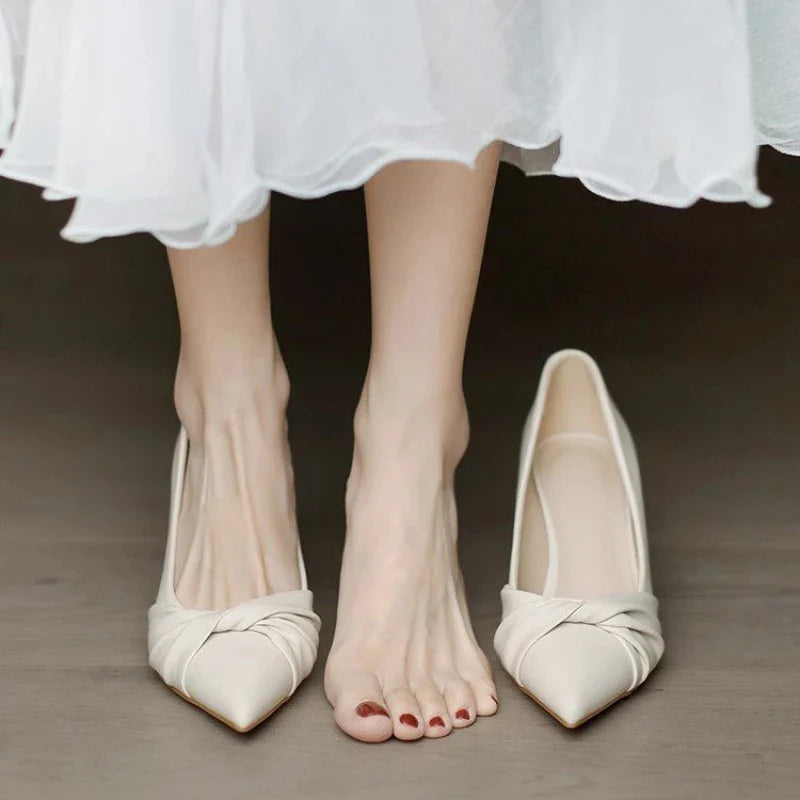 2026 New Women's Pointed Toe Stiletto Heels, Elegant Beige Ruched Pumps, Comfortable Commuter Shoes for Wedding Party Dress
