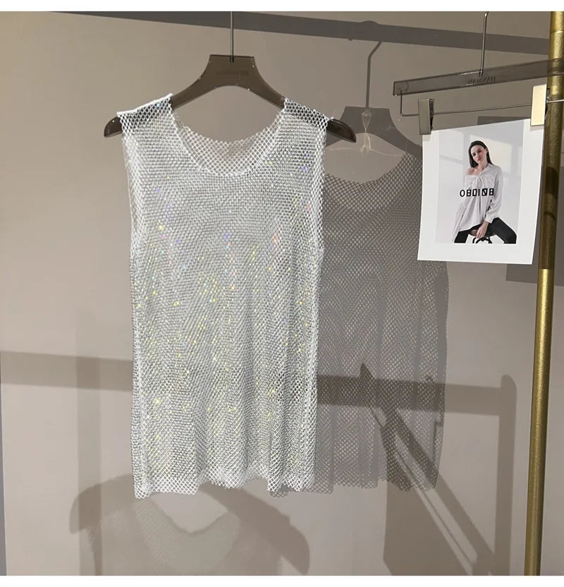 Women&Men Crystal  Rhinestones Shiny Sexy Y2K Tank Tops High Quality Party Club Sexy See Through Mesh Hollow Out Diamond shirt