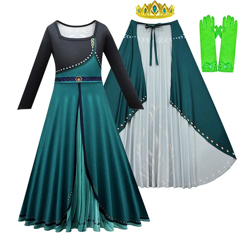 Frozen Coronation Anna Princess Girls Cosplay  Long Sleeve Costume Carnival Party Kids Cloak Clothes Birthday Print Dress