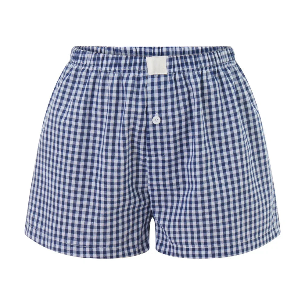 Women’s Y2K Retro Cleanfit Plaid Print Elastic Low Waist Button Front Aesthetic Loungewear Loose Shorts Boxers Streetwear