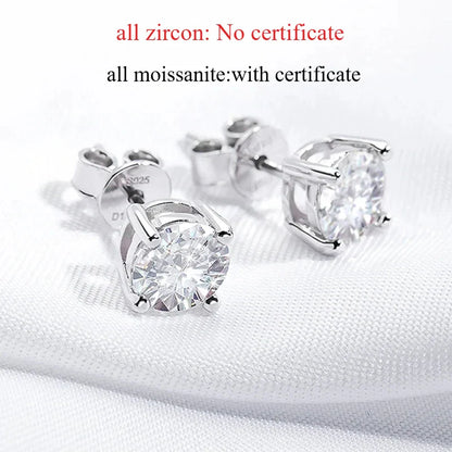 Certified 0.1-7CT 4-claws Moissanite Stud Earrings for Women Brilliant Cut Sparkling Lab Diamond Earring Pure 925 Silver