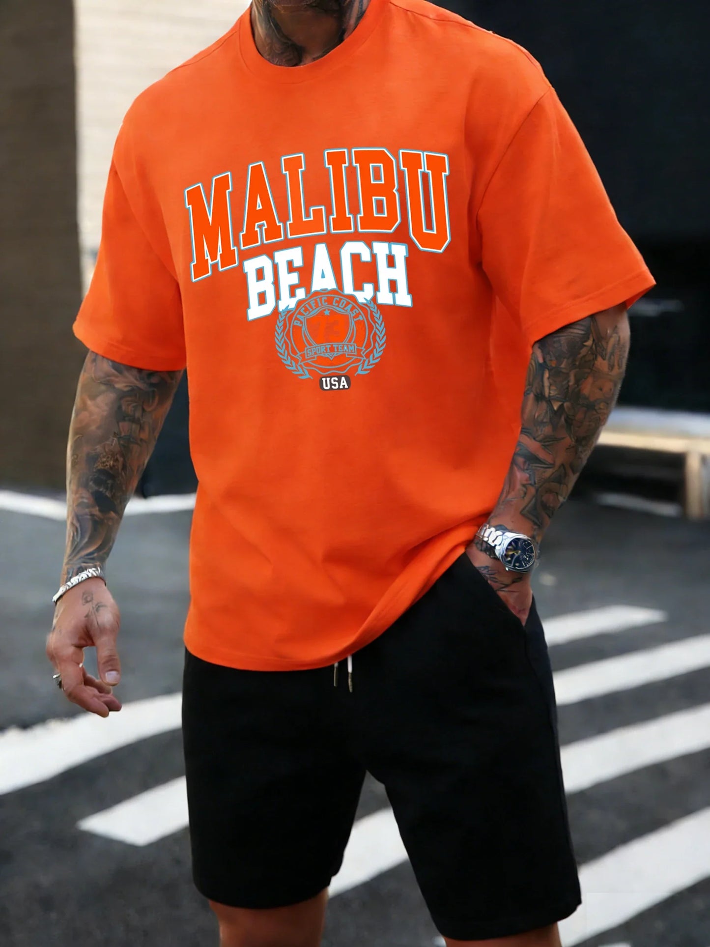 Malibu Beach 73 Usa Printing T-Shirt Mens Cotton T Shirts O-Neck Summer Basics Clothes Casual Trendy All-Match Short Sleeve