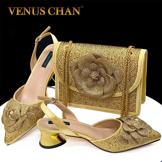 Italian Design Evening Shoes And Bags Paired With Handmade Petal Gold Colour Pointed Toe Mid-Heel Shoes For Women Party Shoes