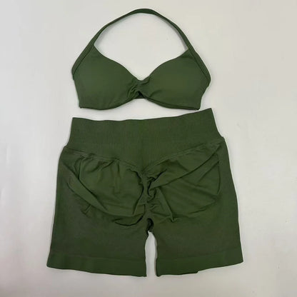 Yoga Gym Set Women Seamless Strappy Yoga Bra Top High Waist Workout Scrunch Shorts Sports Set Fitness Clothes Sportswear
