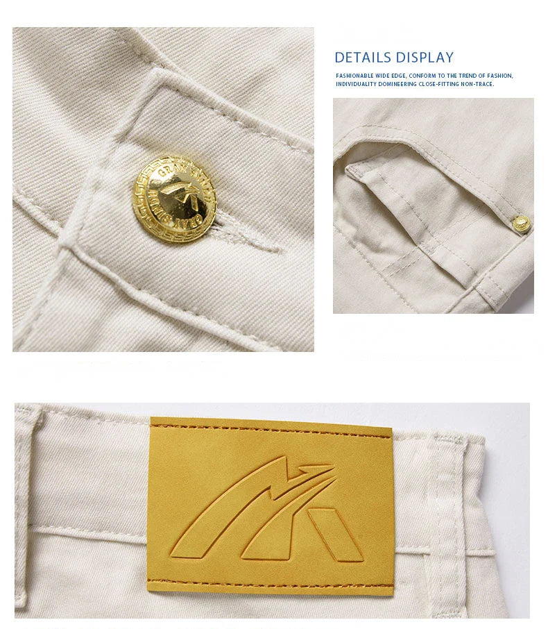 2024 New Men's Khaki White Cotton Stretch Slim Smart Jeans Casual Straight Business Fashion Beige Brand Denim Trousers