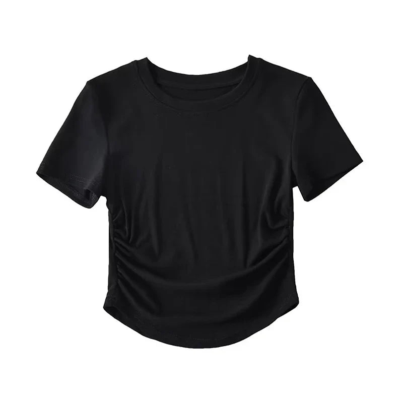 Harajuku Women Crew Neck Short Sleeve Cotton Tee With Ruched Sides Detail T-shirts