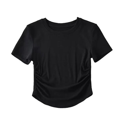 Harajuku Women Crew Neck Short Sleeve Cotton Tee With Ruched Sides Detail T-shirts