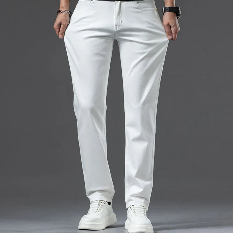 2024 New Men's Khaki White Cotton Stretch Slim Smart Jeans Casual Straight Business Fashion Beige Brand Denim Trousers
