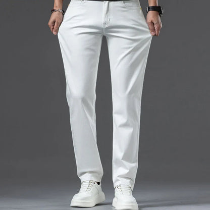 2024 New Men's Khaki White Cotton Stretch Slim Smart Jeans Casual Straight Business Fashion Beige Brand Denim Trousers