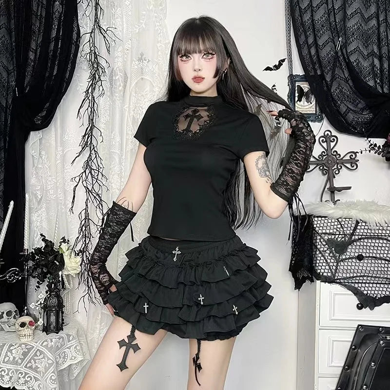 2026 Summer New Arrival Hot Girl Trendy Versatile Mini Skirt Dark Cross DesignTiered Cake Black Fluffy Skirts