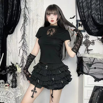 2026 Summer New Arrival Hot Girl Trendy Versatile Mini Skirt Dark Cross DesignTiered Cake Black Fluffy Skirts
