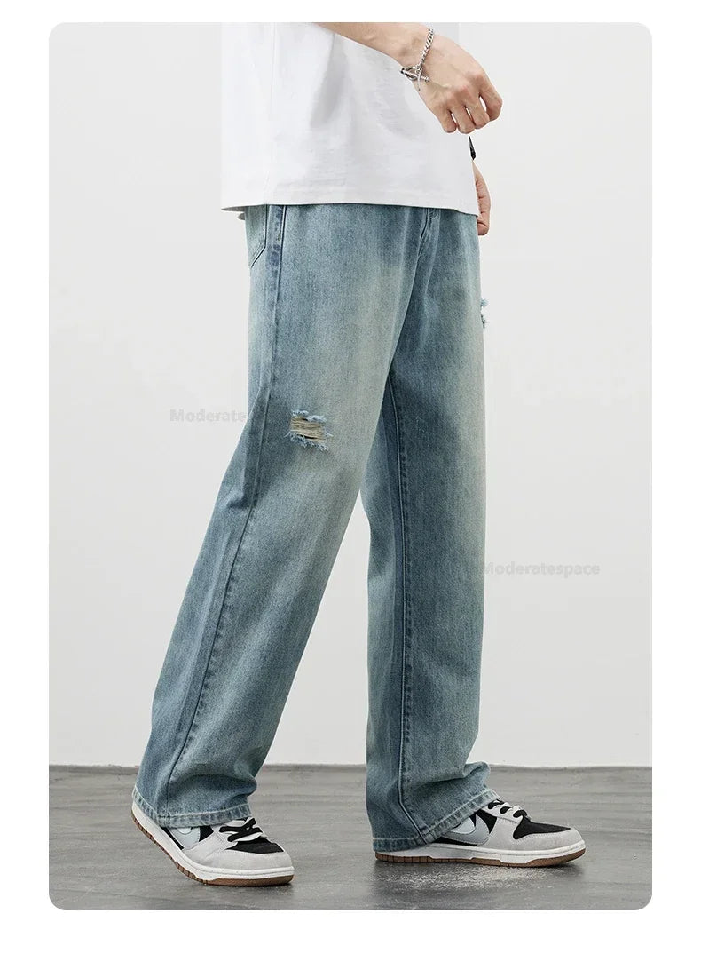 Korea Baggy Cargo Jeans Men Vintage Straight Ripped Y2k Pants Fashion Frayed High Street Distressed Denim Trousers Male Clothes