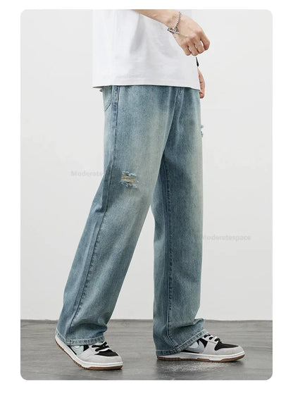 Korea Baggy Cargo Jeans Men Vintage Straight Ripped Y2k Pants Fashion Frayed High Street Distressed Denim Trousers Male Clothes