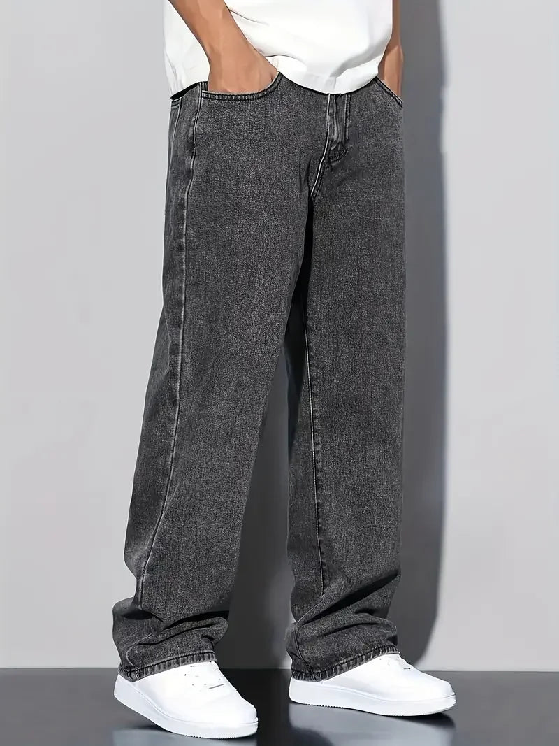 Streetwear Straight-Leg Jeans for Men, Fashionable Straight-Leg Loose-Fit Denim Pants