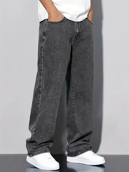 Streetwear Straight-Leg Jeans for Men, Fashionable Straight-Leg Loose-Fit Denim Pants