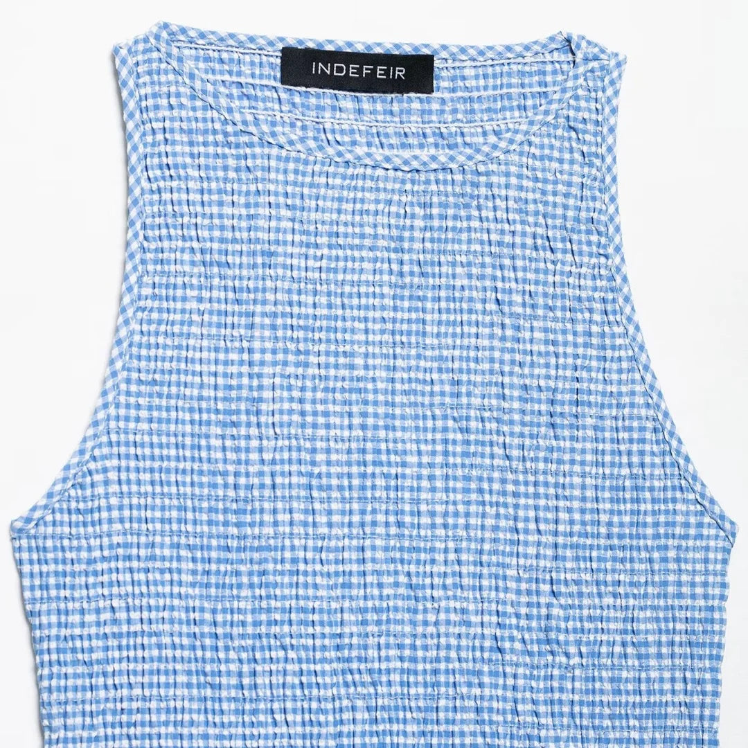 Dress for Women Fashion Summer New Plaid Fold Sleeveless O-neck Midi Vest Dresses French Chic Female Evening Clothing