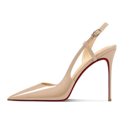 New silver patent leather flat buckle sandals with pointed edges and slim heels, stylish and stylish, worn in the backless style