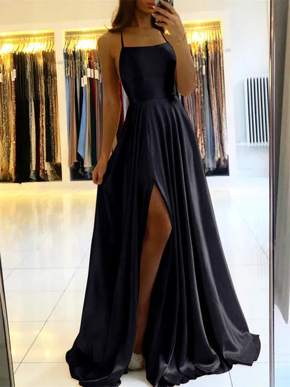 Satin Beach Maxi Women Dress for Christmas Sexy Side Slit Adjustable Straps Evening Prom Dress Cheap Bridesmaid Dresses