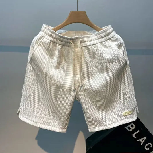 Men's Casual Jogging Sport Short Pants Wave Pattern Solid Color Male Drawstring