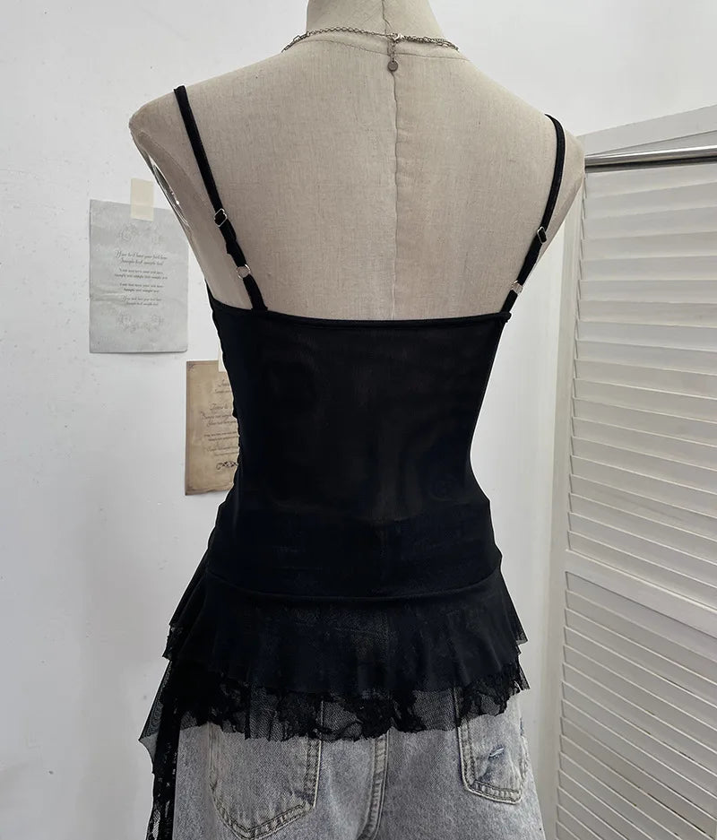Summer Y2K Camisole for Women Casual Spaghetti Straps Double Layers Lace Stretch Mesh Patchwork Asymmetrical Slim Tops