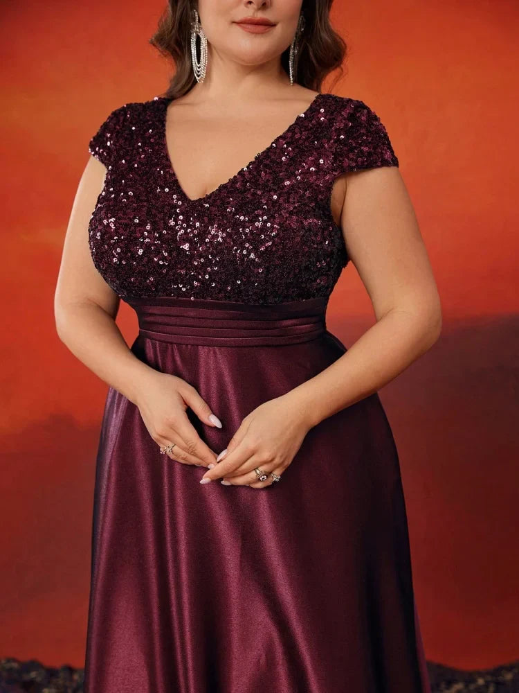 Plus Size Elegant V-Neck Red Sequins Evening Dress Long Luxury Women Satin Sleevesless Party Prom Cocktail Gowns