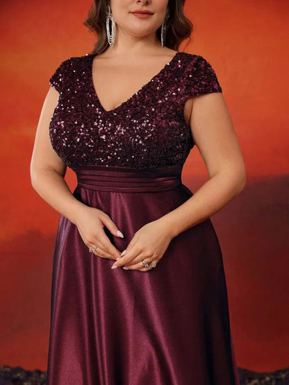 Plus Size Elegant V-Neck Red Sequins Evening Dress Long Luxury Women Satin Sleevesless Party Prom Cocktail Gowns