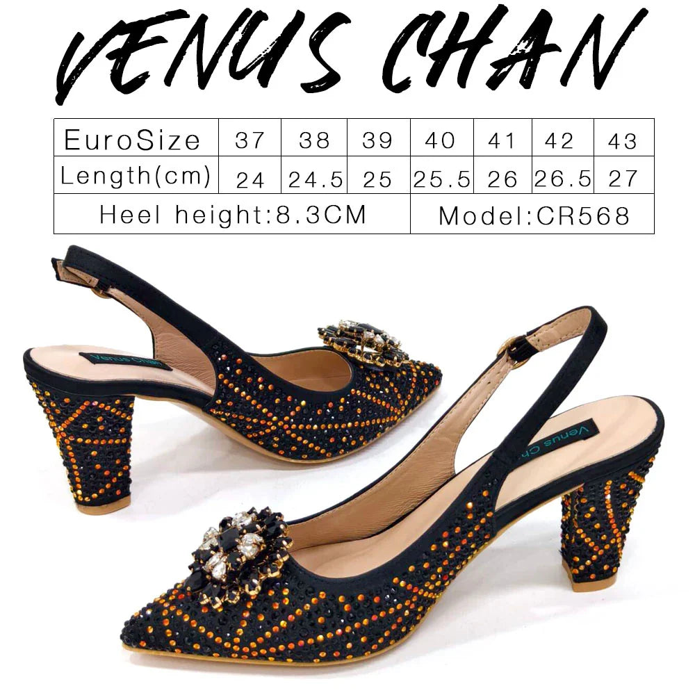 INS Style Green Party Shoe and Bag Set in Women Pointed-Toe Rhinestone High Heels Elegant African Ladies Shoes